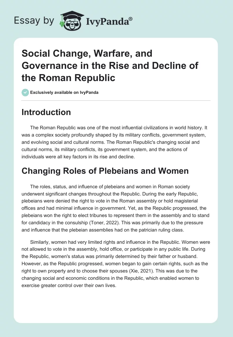 Social Change, Warfare, and Governance in the Rise and Decline of the Roman Republic. Page 1