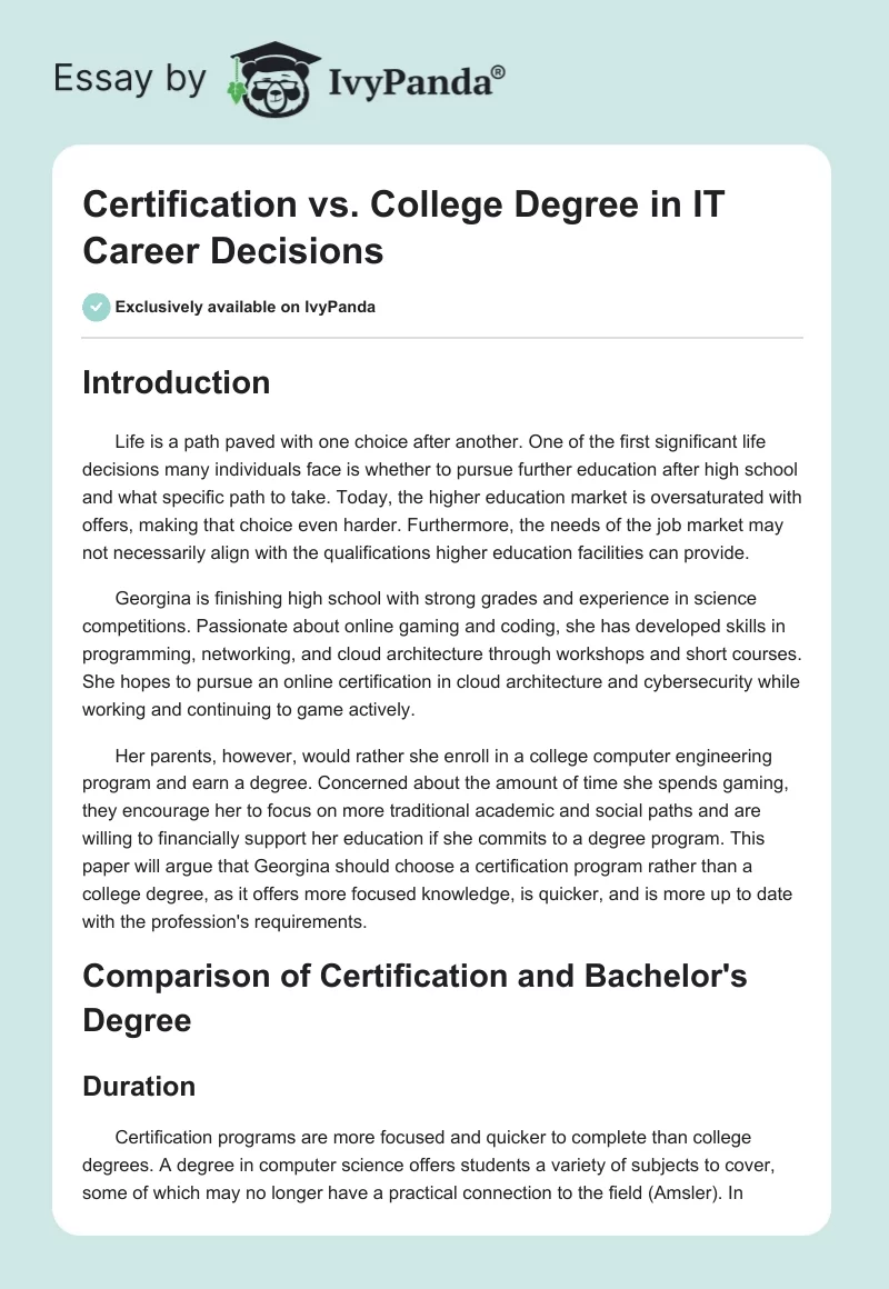 Certification vs. College Degree in IT Career Decisions. Page 1