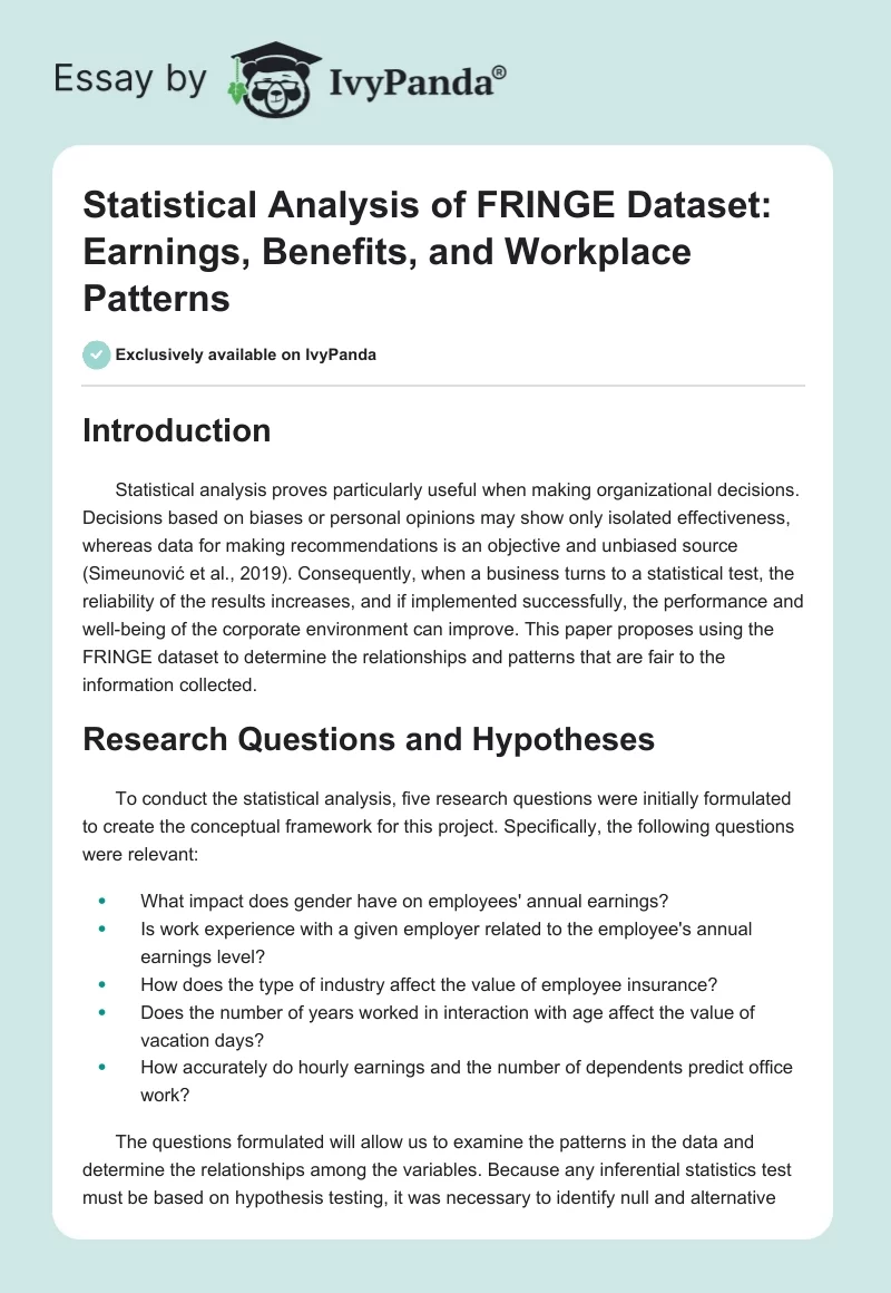 Statistical Analysis of FRINGE Dataset: Earnings, Benefits, and Workplace Patterns. Page 1