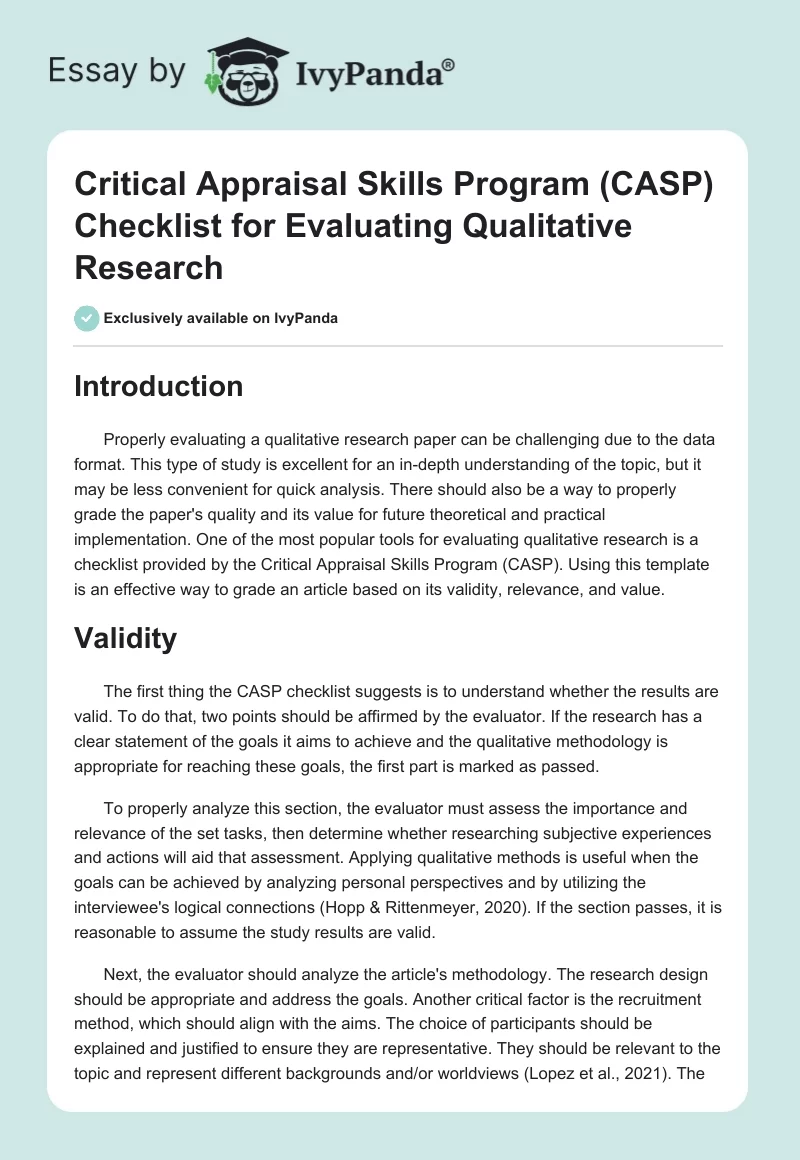 Critical Appraisal Skills Program (CASP) Checklist for Evaluating Qualitative Research. Page 1