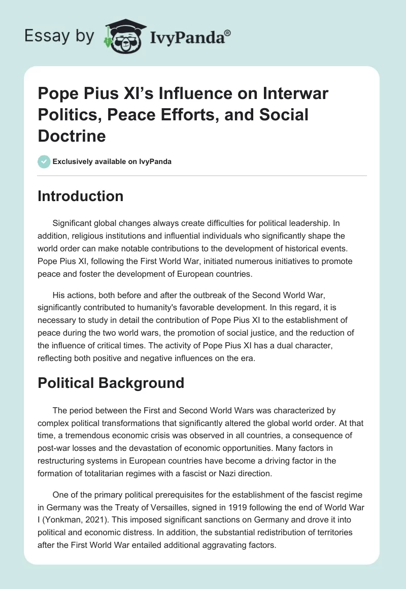Pope Pius XI’s Influence on Interwar Politics, Peace Efforts, and Social Doctrine. Page 1