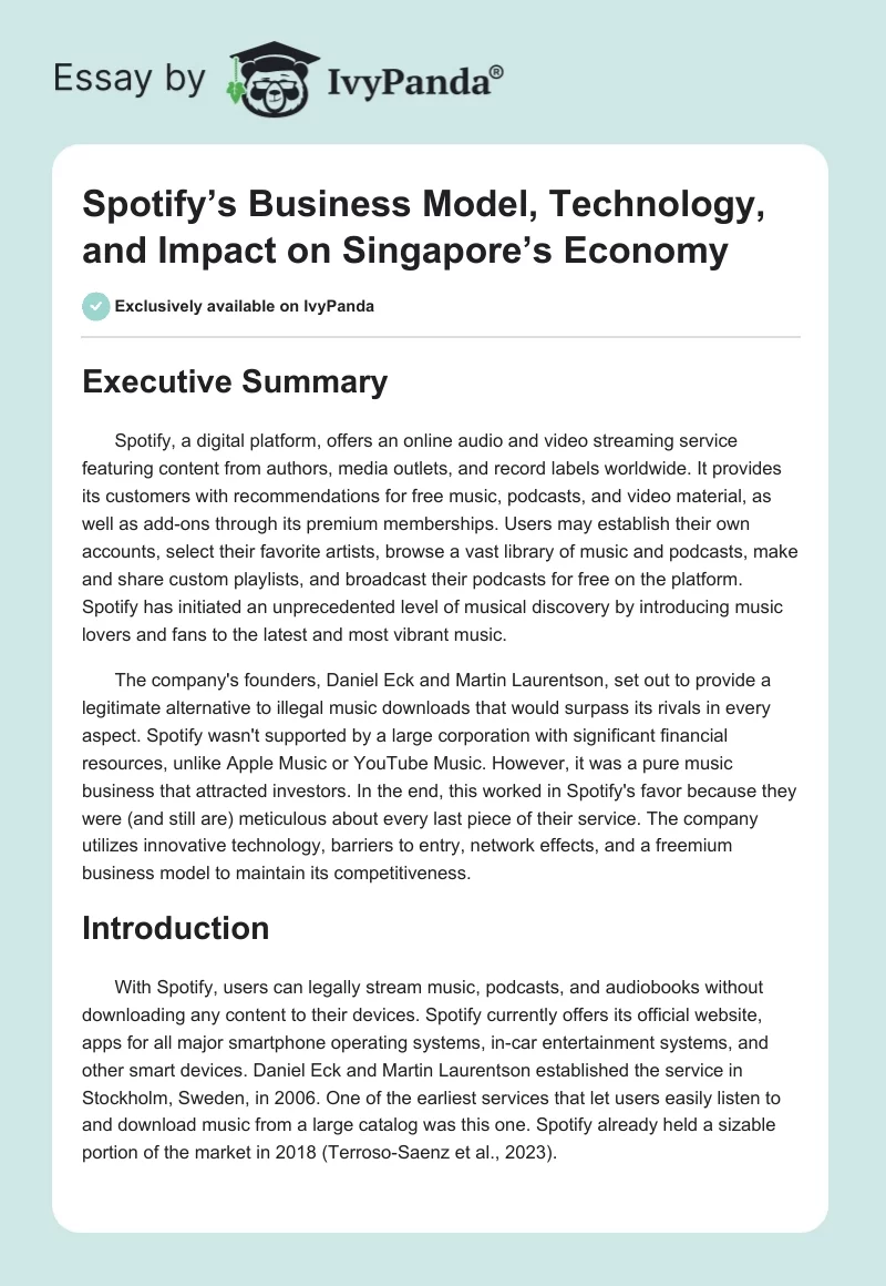 Spotify’s Business Model, Technology, and Impact on Singapore’s Economy. Page 1