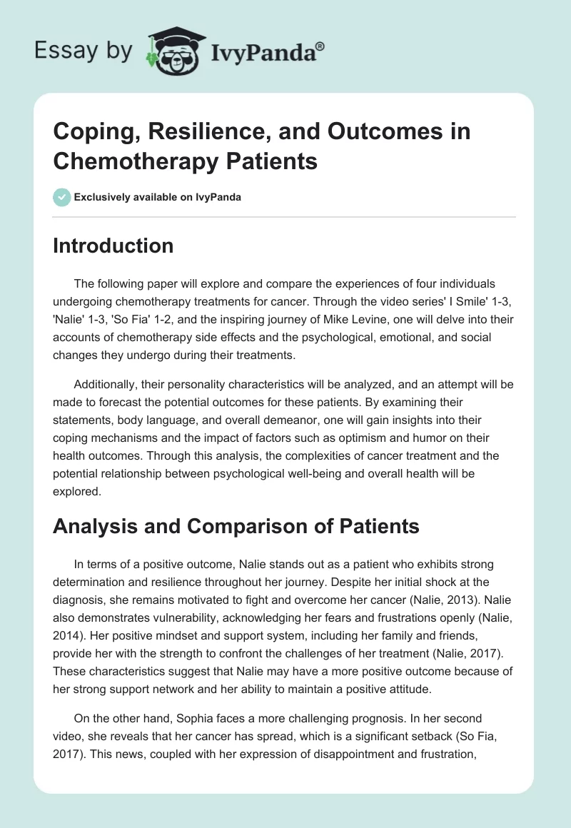 Coping, Resilience, and Outcomes in Chemotherapy Patients. Page 1