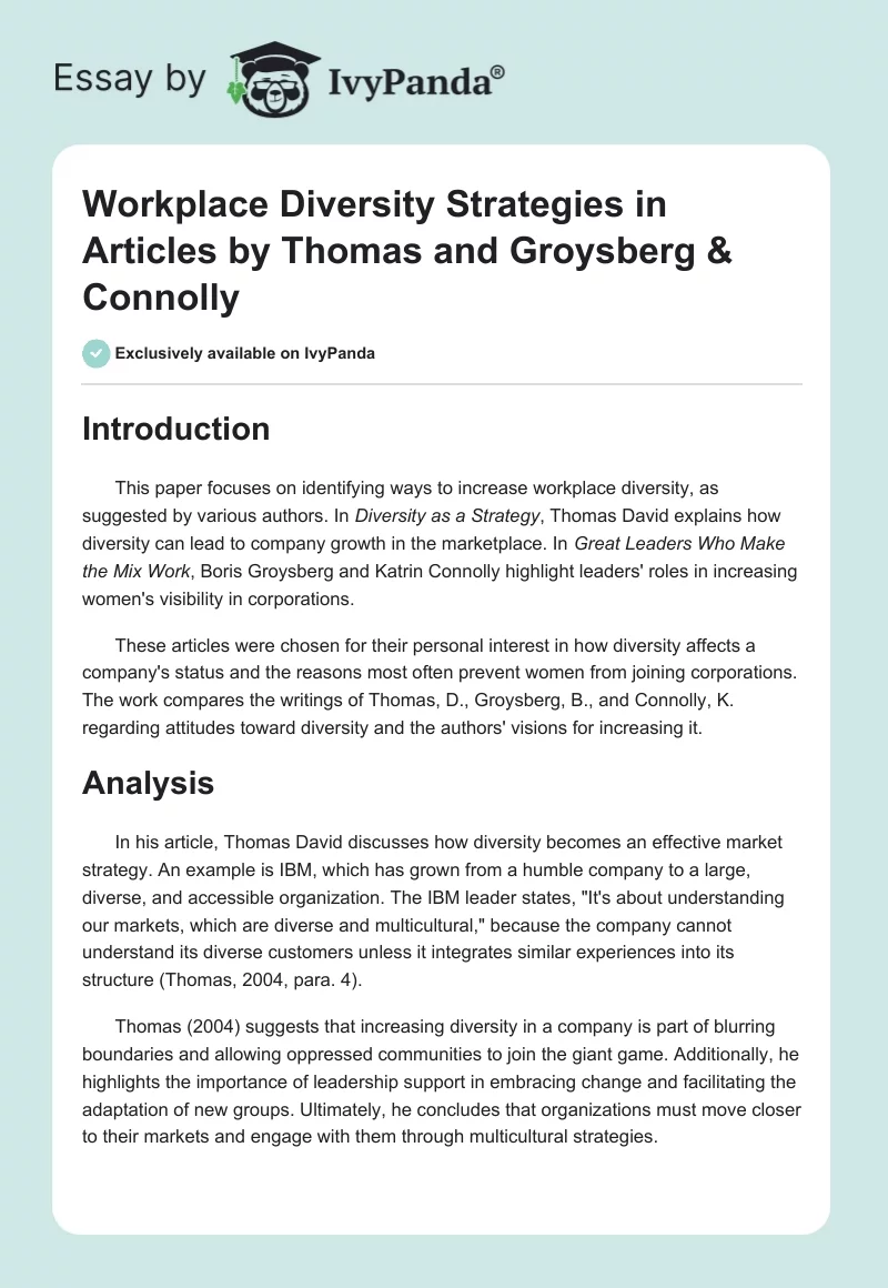 Workplace Diversity Strategies in Articles by Thomas and Groysberg & Connolly. Page 1