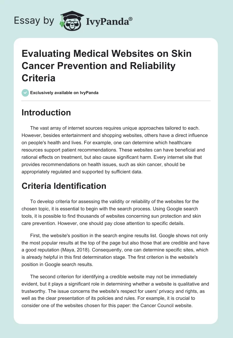 Evaluating Medical Websites on Skin Cancer Prevention and Reliability Criteria. Page 1