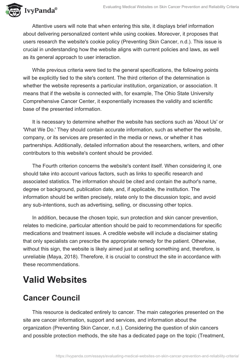 Evaluating Medical Websites on Skin Cancer Prevention and Reliability Criteria. Page 2