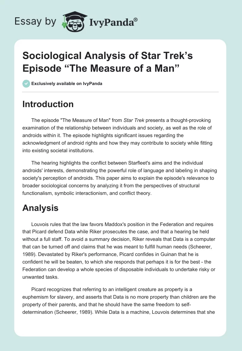 Sociological Analysis of Star Trek’s Episode “The Measure of a Man”. Page 1