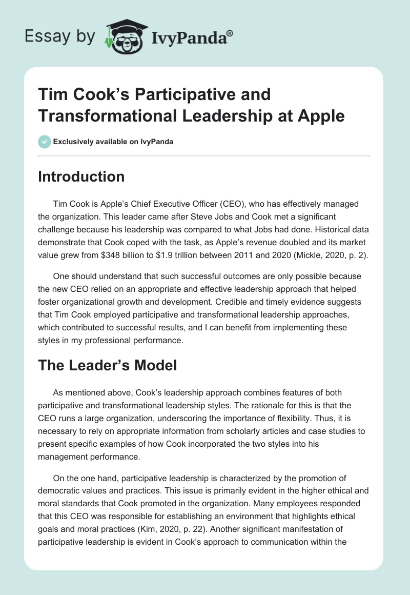 Tim Cook’s Participative and Transformational Leadership at Apple. Page 1