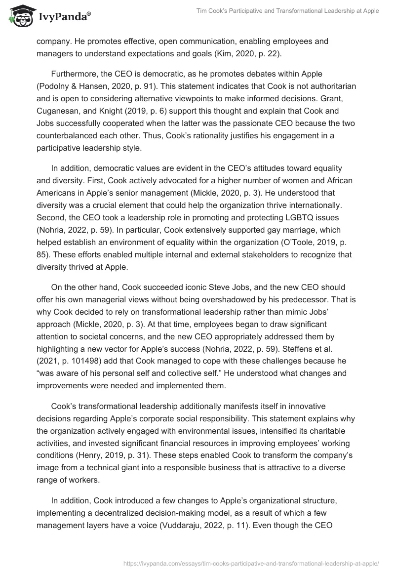 Tim Cook’s Participative and Transformational Leadership at Apple. Page 2