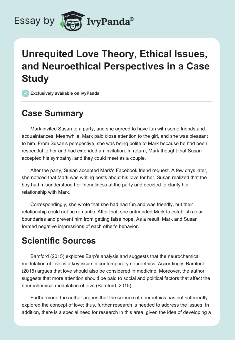 Unrequited Love Theory, Ethical Issues, and Neuroethical Perspectives in a Case Study. Page 1