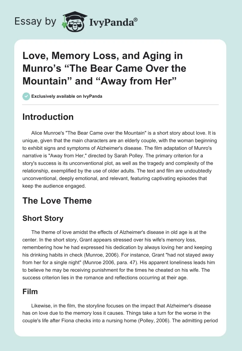 Love, Memory Loss, and Aging in Munro’s “The Bear Came Over the Mountain” and “Away from Her”. Page 1