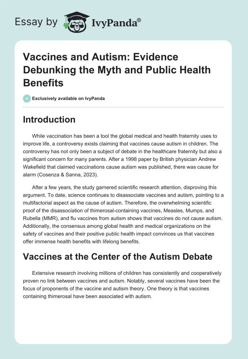 Vaccines and Autism: Evidence Debunking the Myth and Public Health Benefits. Page 1