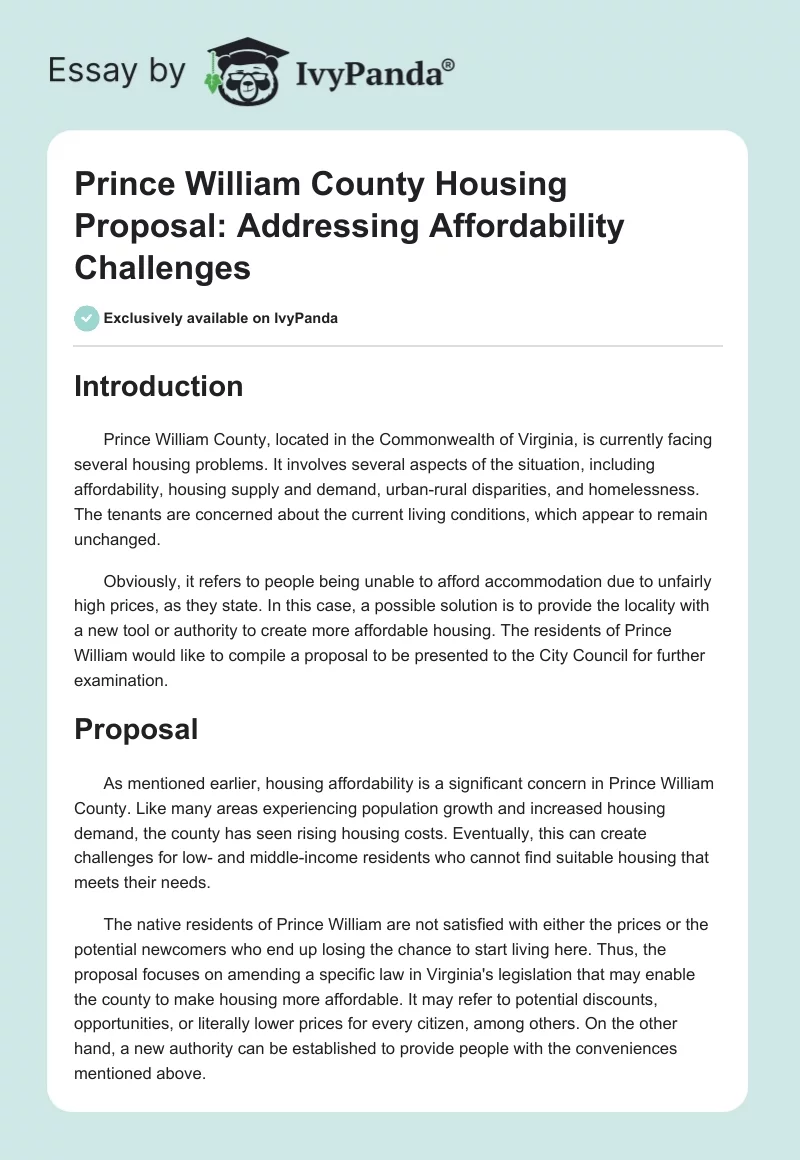 Prince William County Housing Proposal: Addressing Affordability Challenges. Page 1