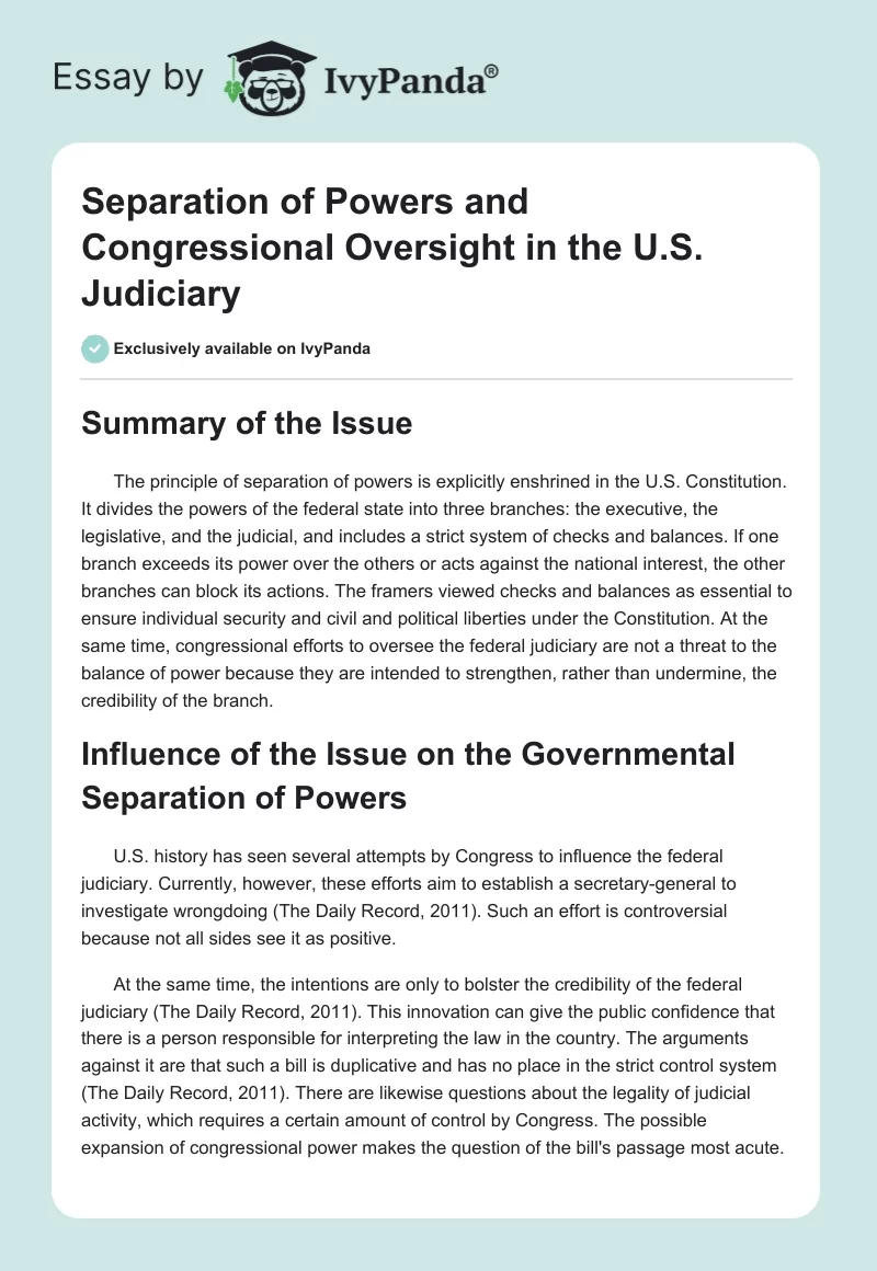 Separation of Powers and Congressional Oversight in the U.S. Judiciary. Page 1