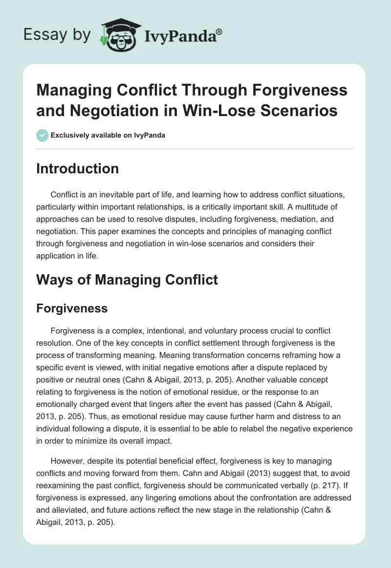 Managing Conflict Through Forgiveness and Negotiation in Win-Lose Scenarios. Page 1