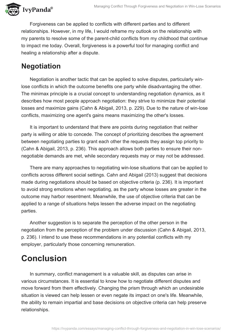 Managing Conflict Through Forgiveness and Negotiation in Win-Lose Scenarios. Page 2