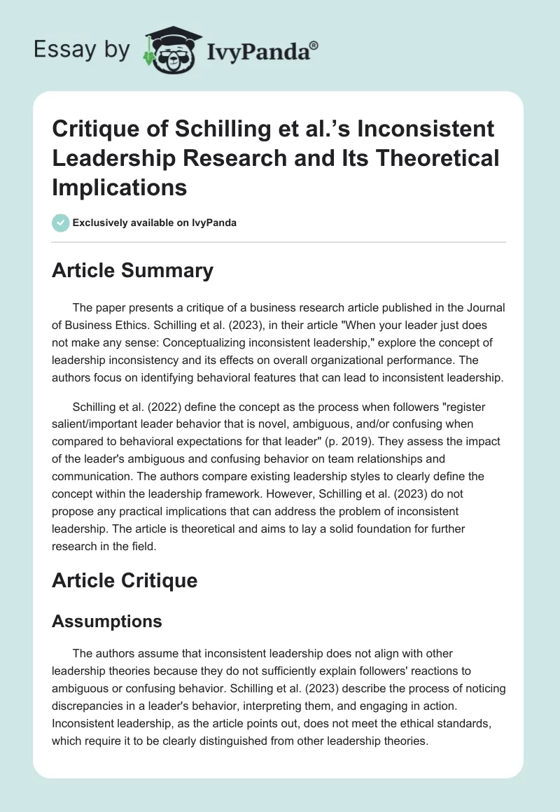 Critique of Schilling et al.’s Inconsistent Leadership Research and Its Theoretical Implications. Page 1
