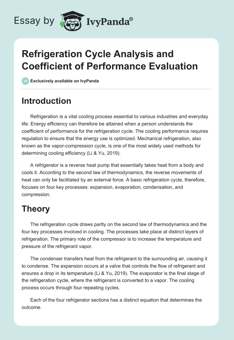 Refrigeration Cycle Analysis and Coefficient of Performance Evaluation. Page 1