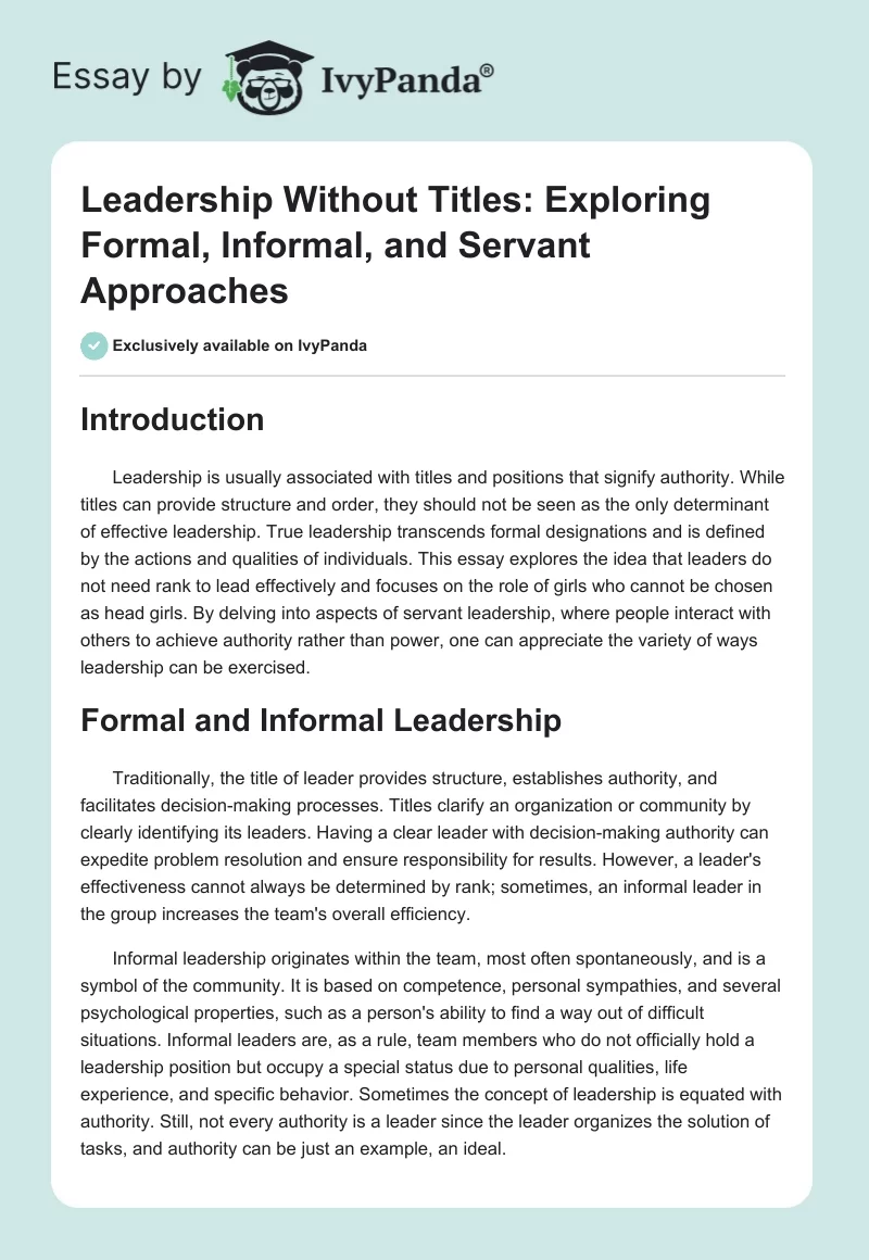 Leadership Without Titles: Exploring Formal, Informal, and Servant Approaches. Page 1