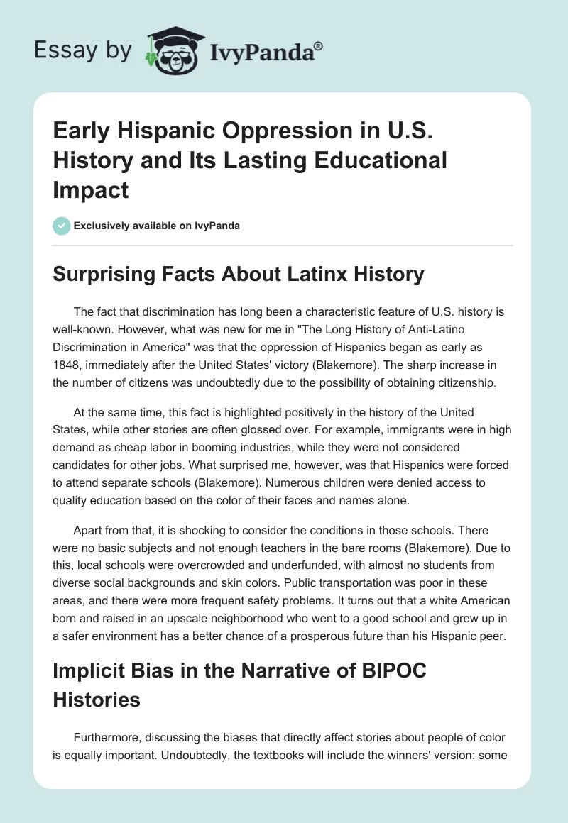 Early Hispanic Oppression in U.S. History and Its Lasting Educational Impact. Page 1