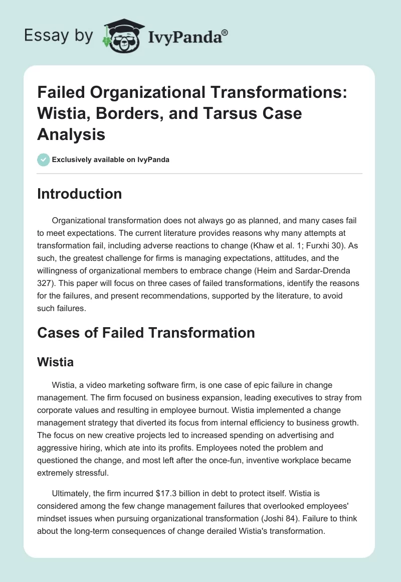 Failed Organizational Transformations: Wistia, Borders, and Tarsus Case Analysis. Page 1