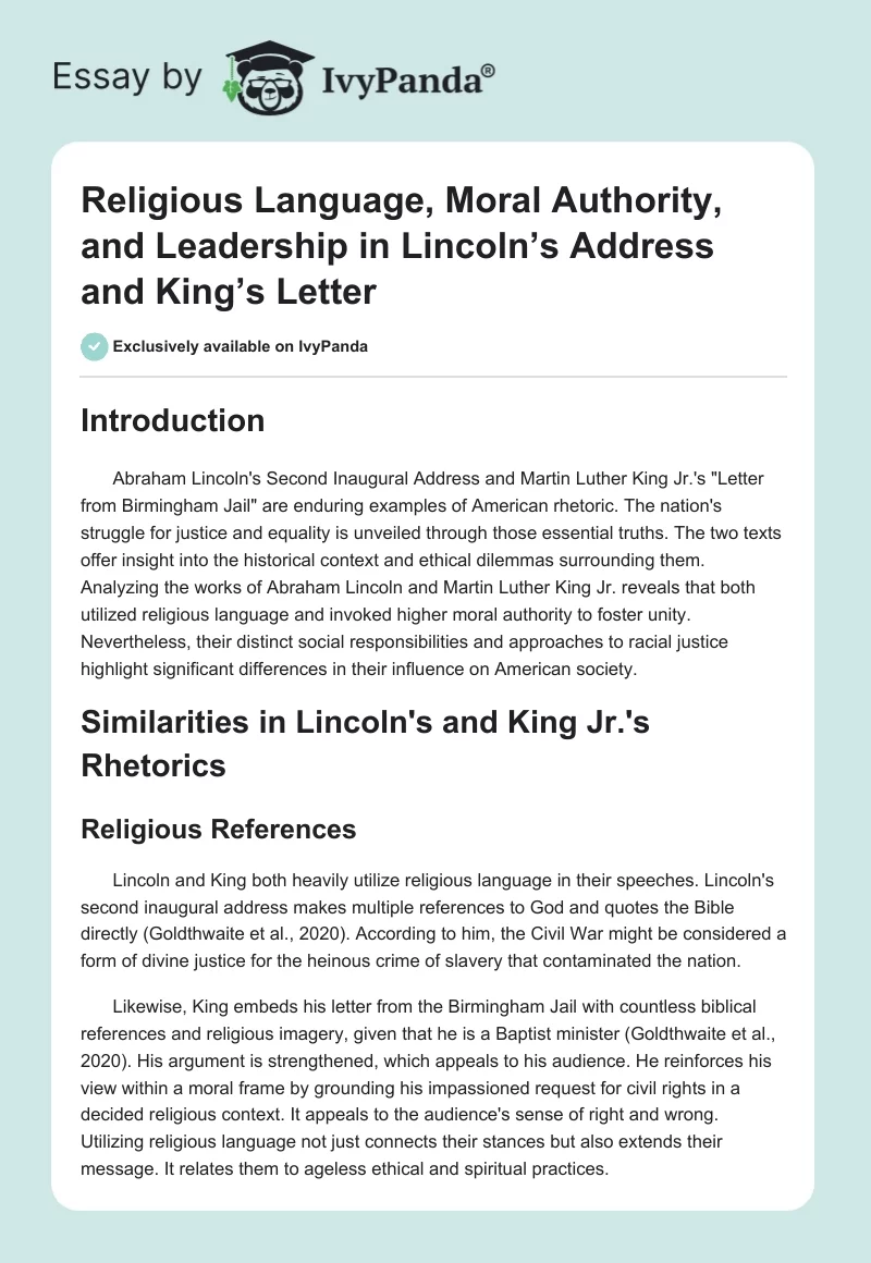 Religious Language, Moral Authority, and Leadership in Lincoln’s Address and King’s Letter. Page 1