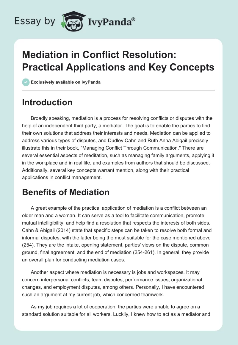 Mediation in Conflict Resolution: Practical Applications and Key Concepts. Page 1