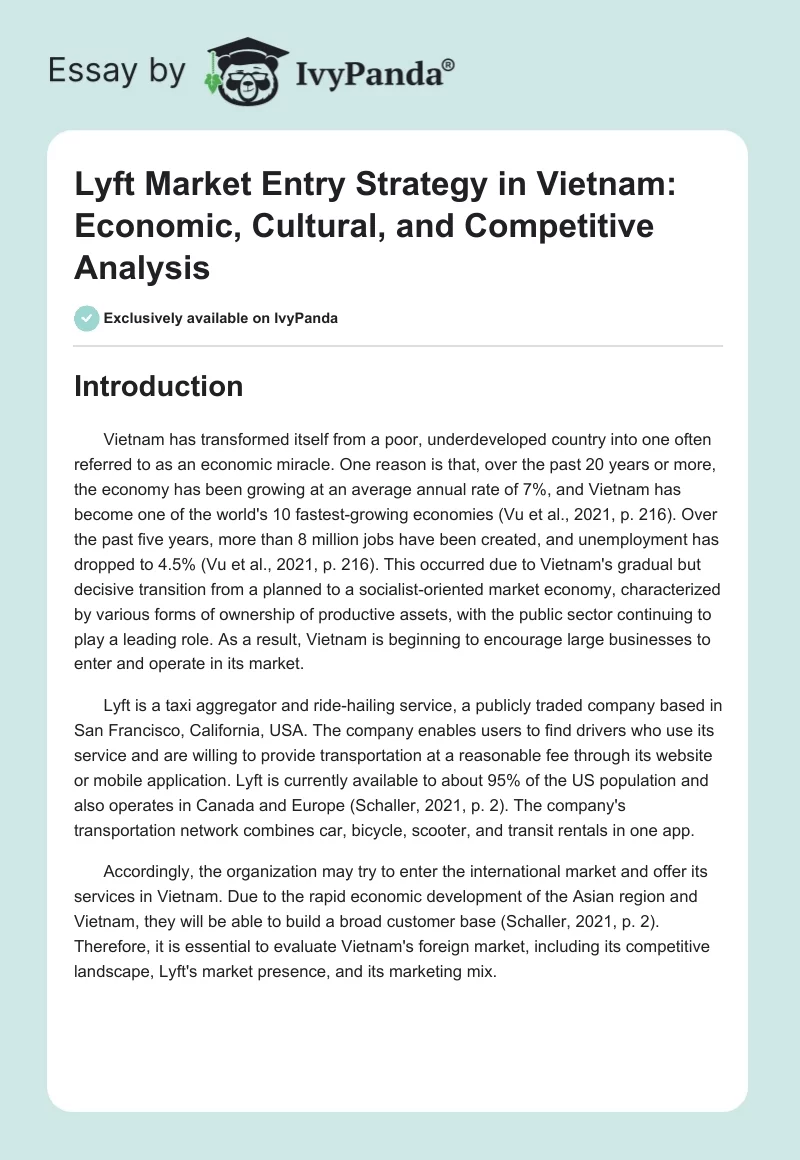 Lyft Market Entry Strategy in Vietnam: Economic, Cultural, and Competitive Analysis. Page 1