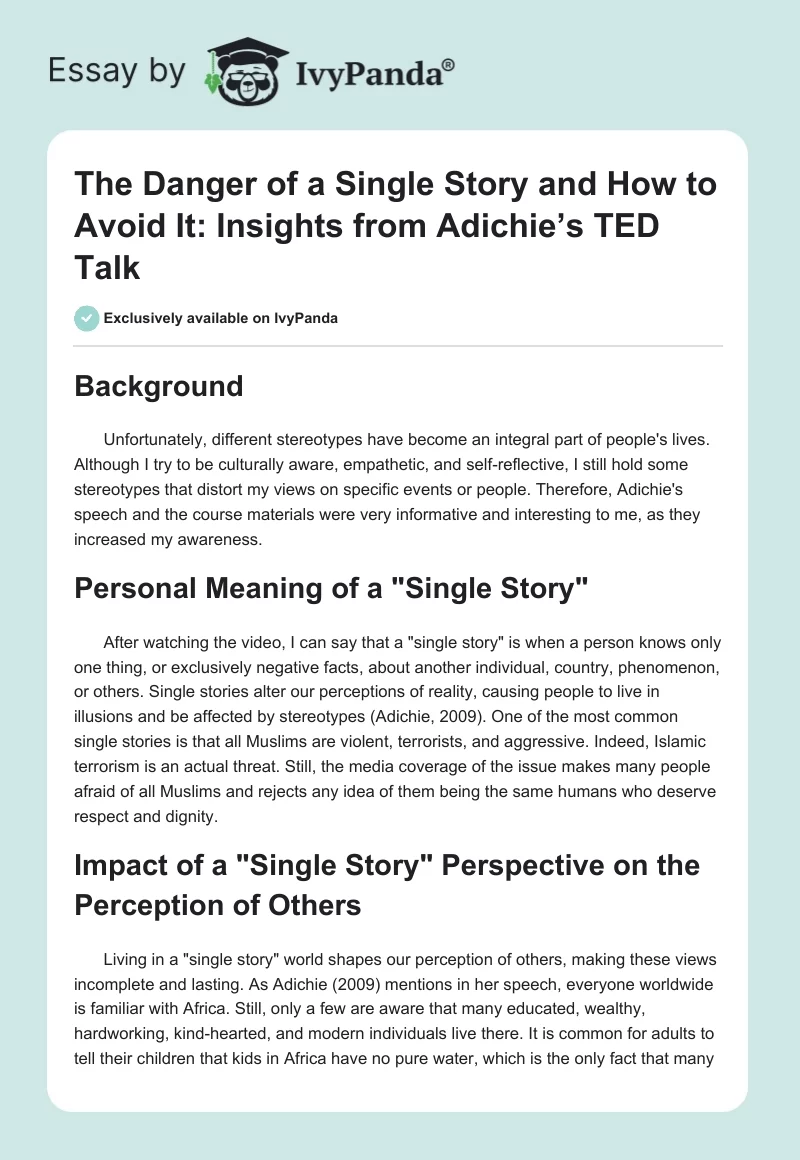 The Danger of a Single Story and How to Avoid It: Insights from Adichie’s TED Talk. Page 1