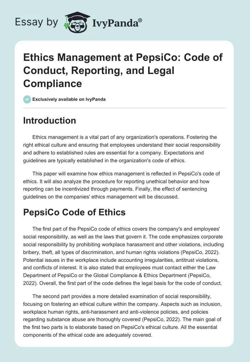 Ethics Management at PepsiCo: Code of Conduct, Reporting, and Legal Compliance. Page 1
