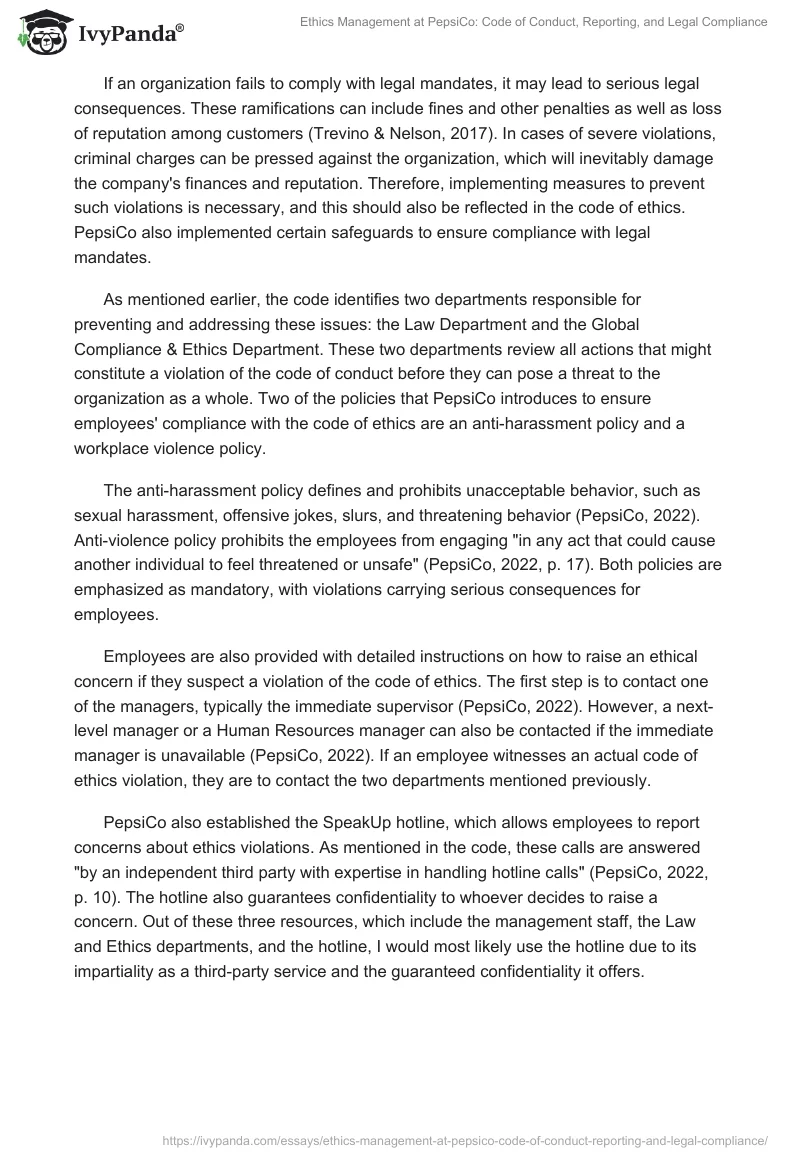 Ethics Management at PepsiCo: Code of Conduct, Reporting, and Legal Compliance. Page 2