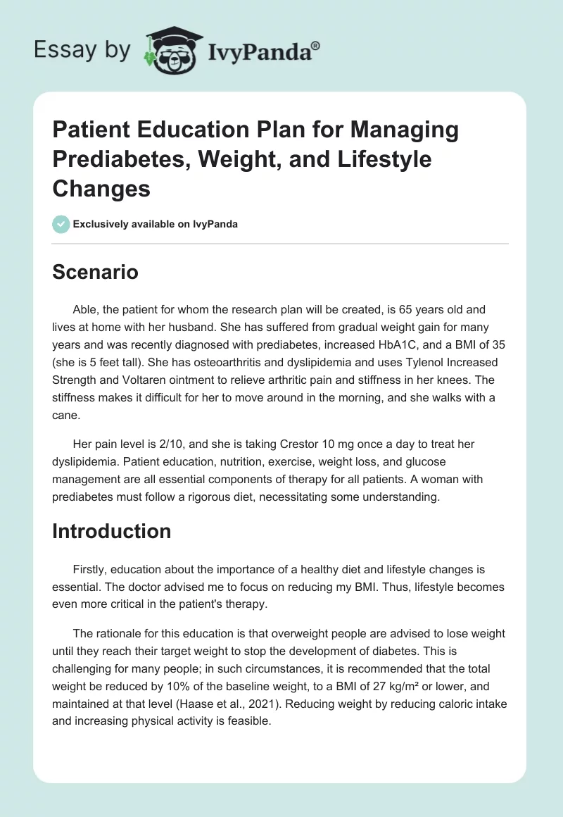 Patient Education Plan for Managing Prediabetes, Weight, and Lifestyle Changes. Page 1