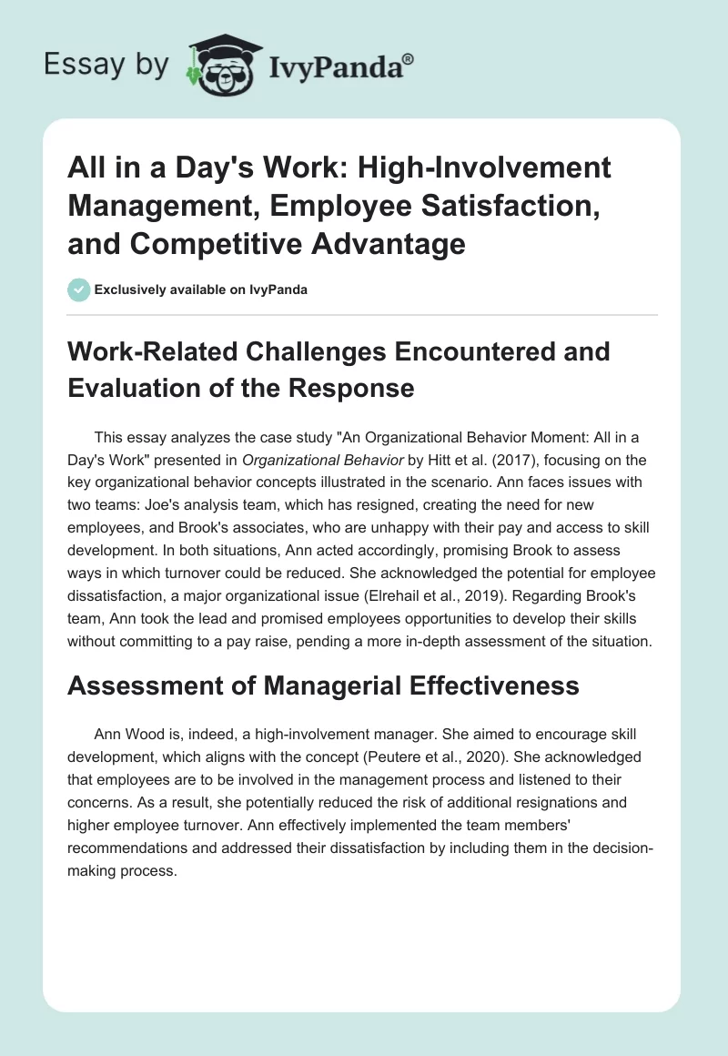 All in a Day's Work: High-Involvement Management, Employee Satisfaction, and Competitive Advantage. Page 1