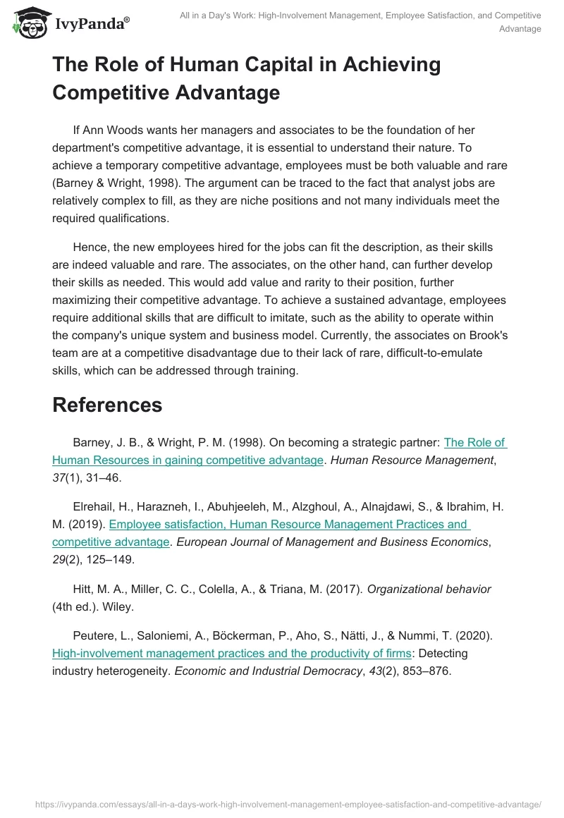 All in a Day's Work: High-Involvement Management, Employee Satisfaction, and Competitive Advantage. Page 2
