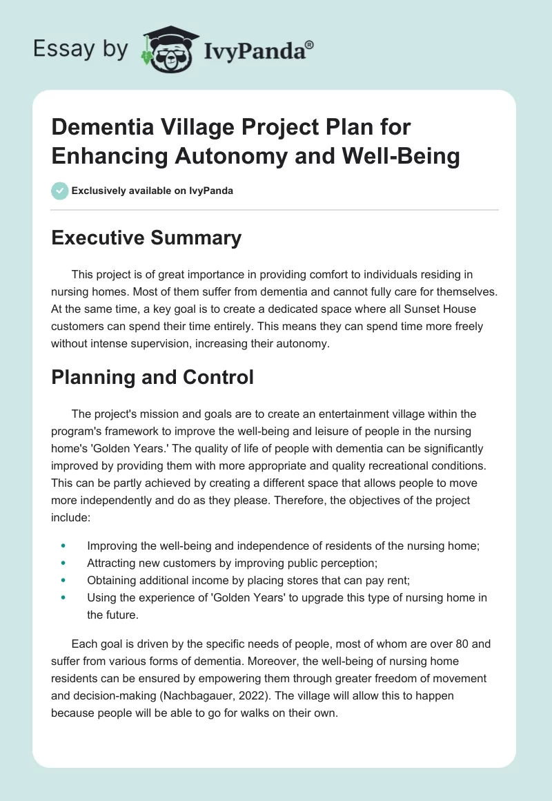 Dementia Village Project Plan for Enhancing Autonomy and Well-Being. Page 1