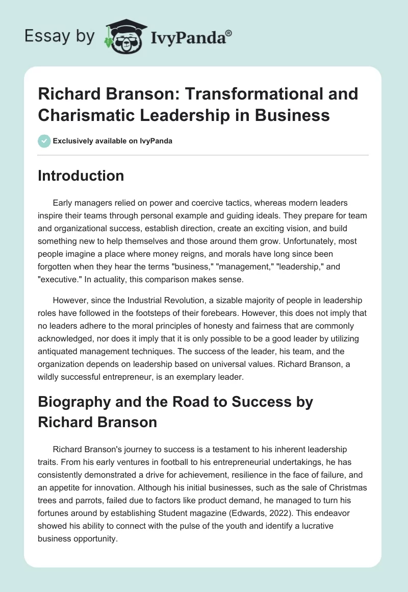 Richard Branson: Transformational and Charismatic Leadership in Business. Page 1