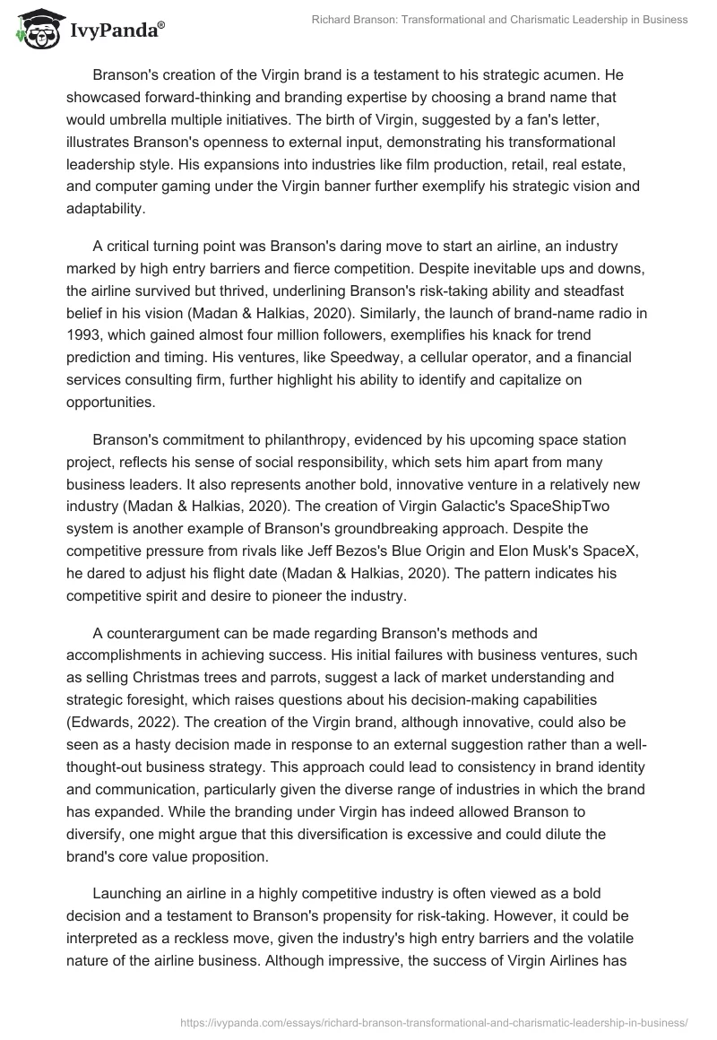 Richard Branson: Transformational and Charismatic Leadership in Business. Page 2