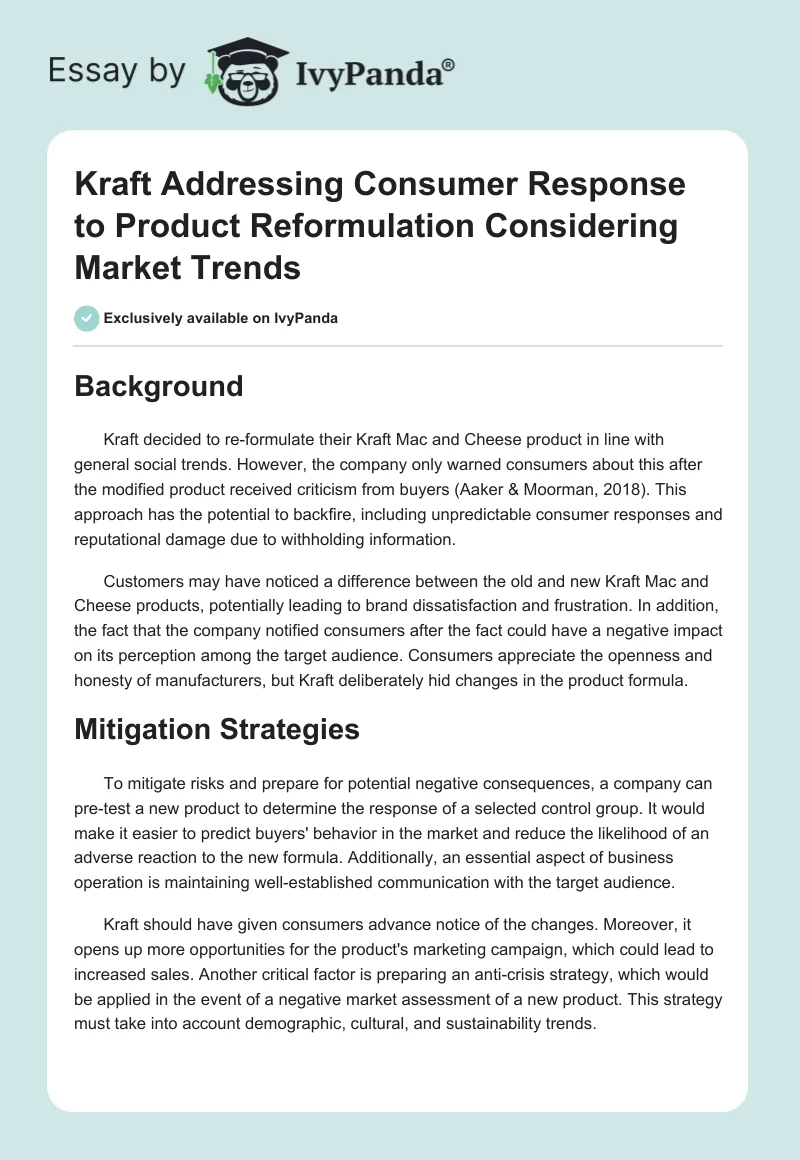Kraft Addressing Consumer Response to Product Reformulation Considering Market Trends. Page 1