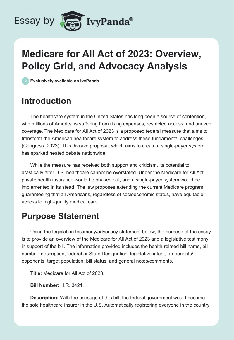 Medicare for All Act of 2023: Overview, Policy Grid, and Advocacy Analysis. Page 1