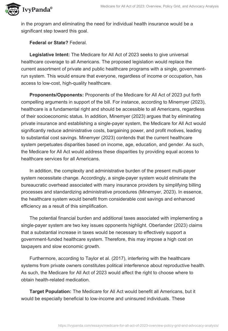 Medicare for All Act of 2023: Overview, Policy Grid, and Advocacy Analysis. Page 2