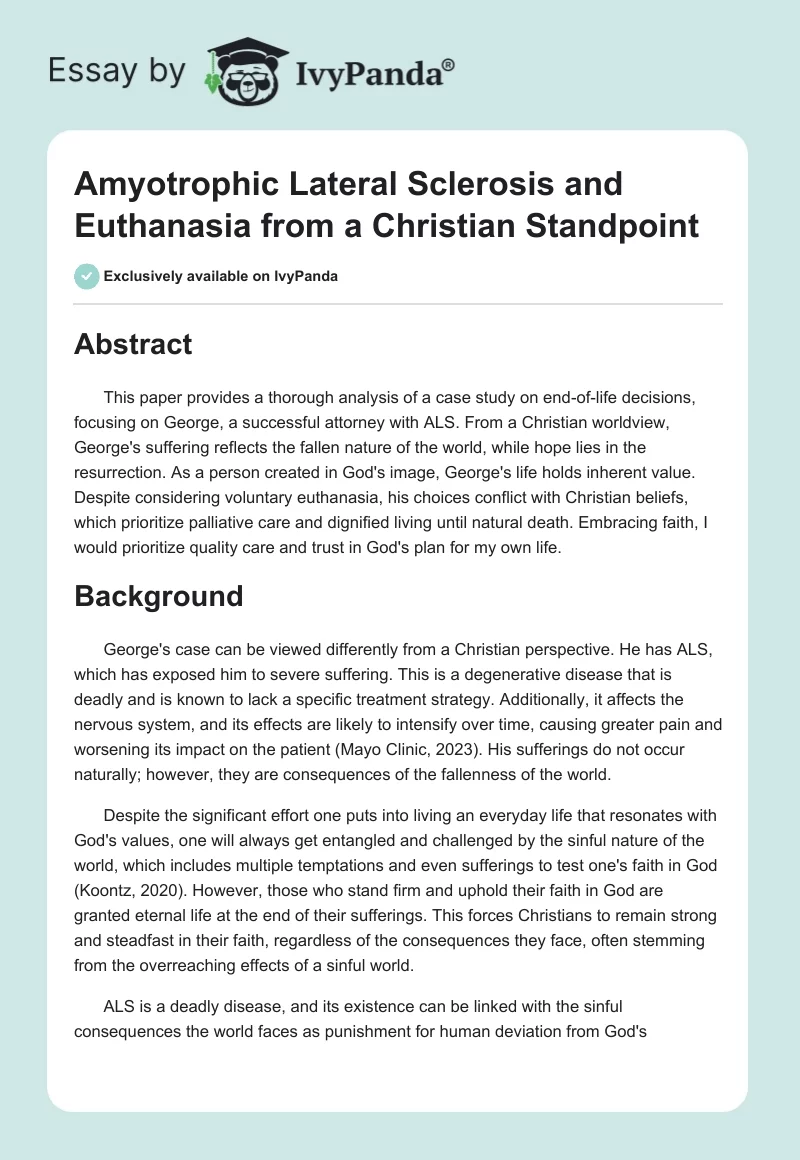 Amyotrophic Lateral Sclerosis and Euthanasia from a Christian Standpoint. Page 1