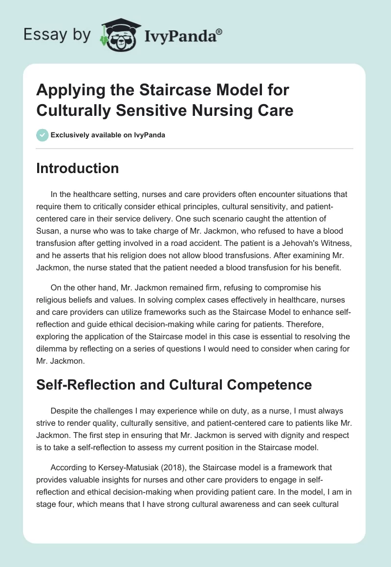 Applying the Staircase Model for Culturally Sensitive Nursing Care. Page 1
