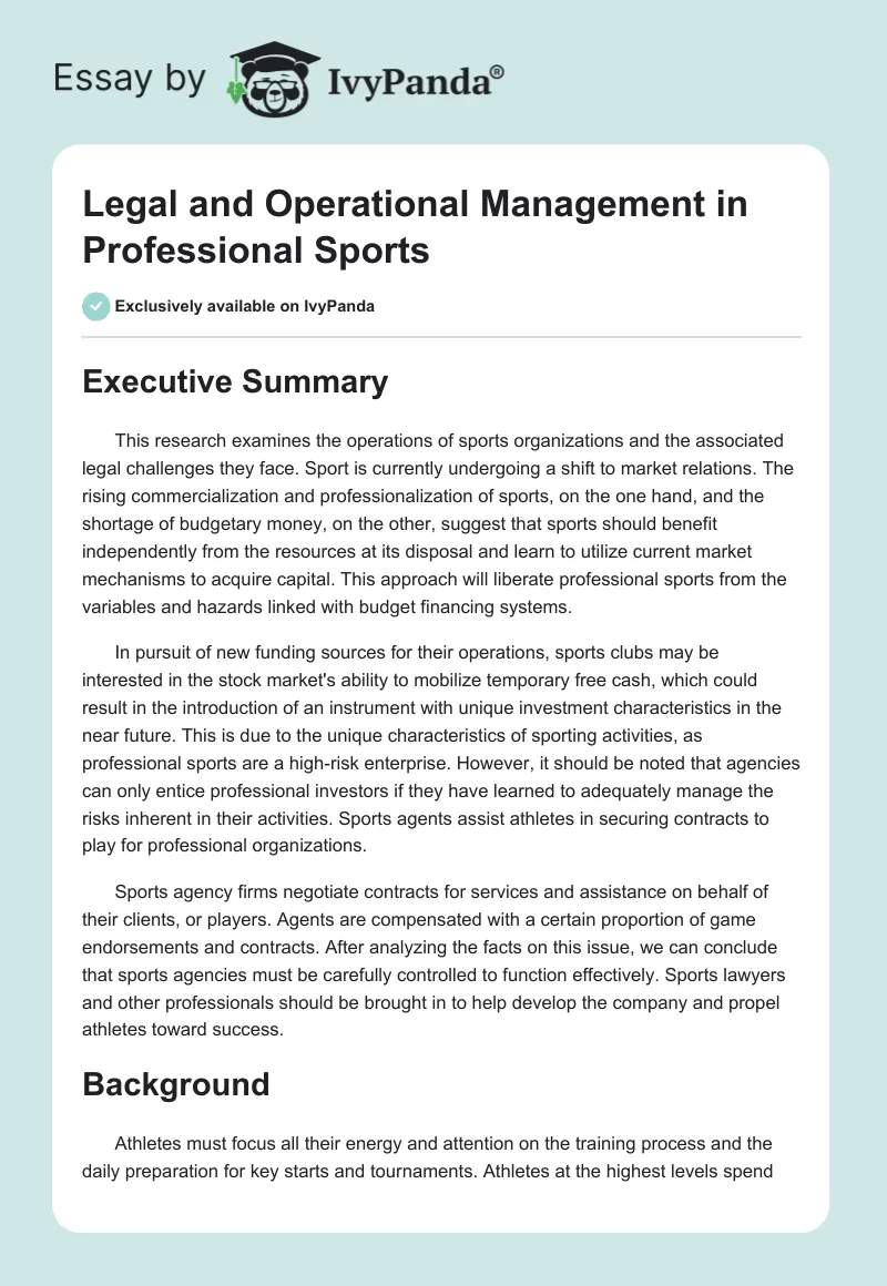 Legal and Operational Management in Professional Sports. Page 1