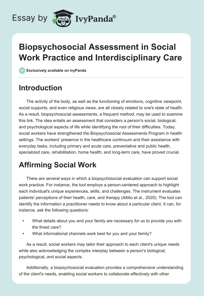 Biopsychosocial Assessment in Social Work Practice and Interdisciplinary Care. Page 1