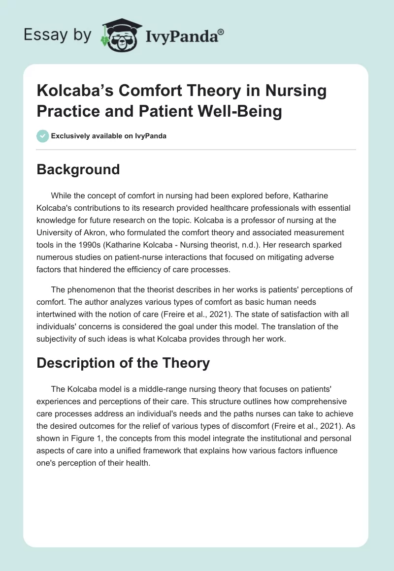Kolcaba’s Comfort Theory in Nursing Practice and Patient Well-Being. Page 1