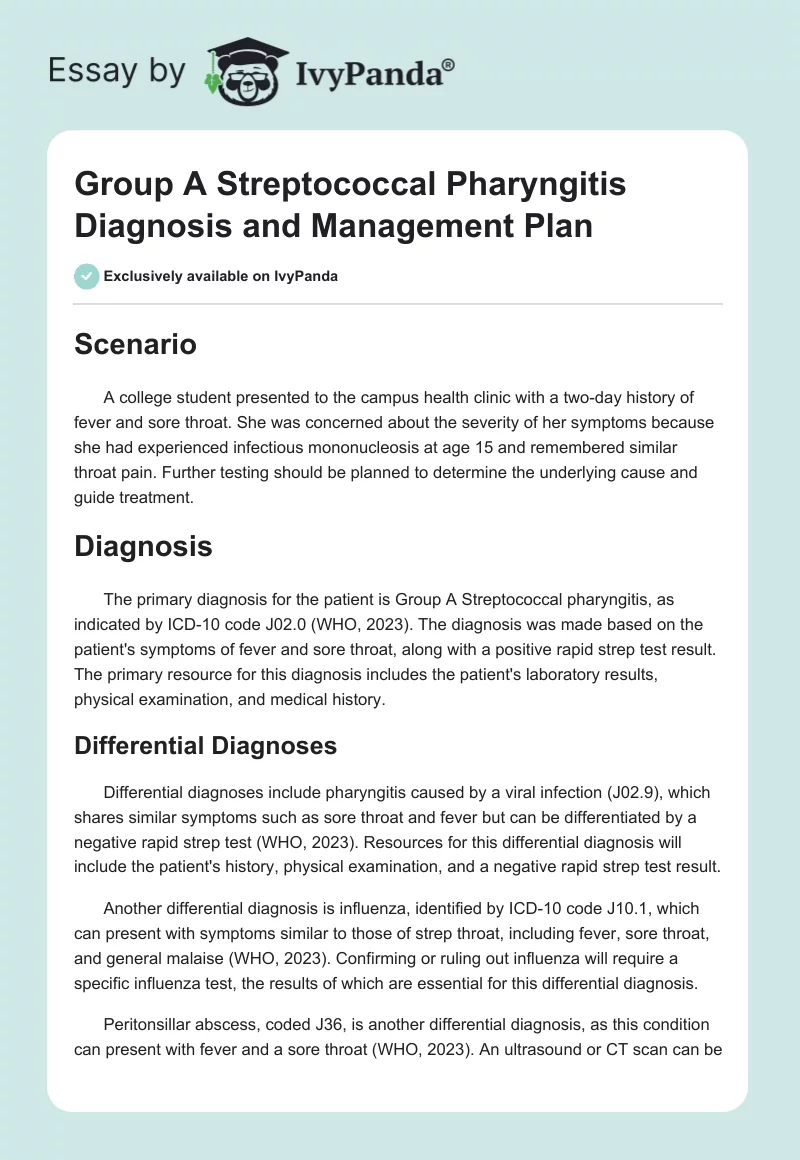 Group A Streptococcal Pharyngitis Diagnosis and Management Plan. Page 1