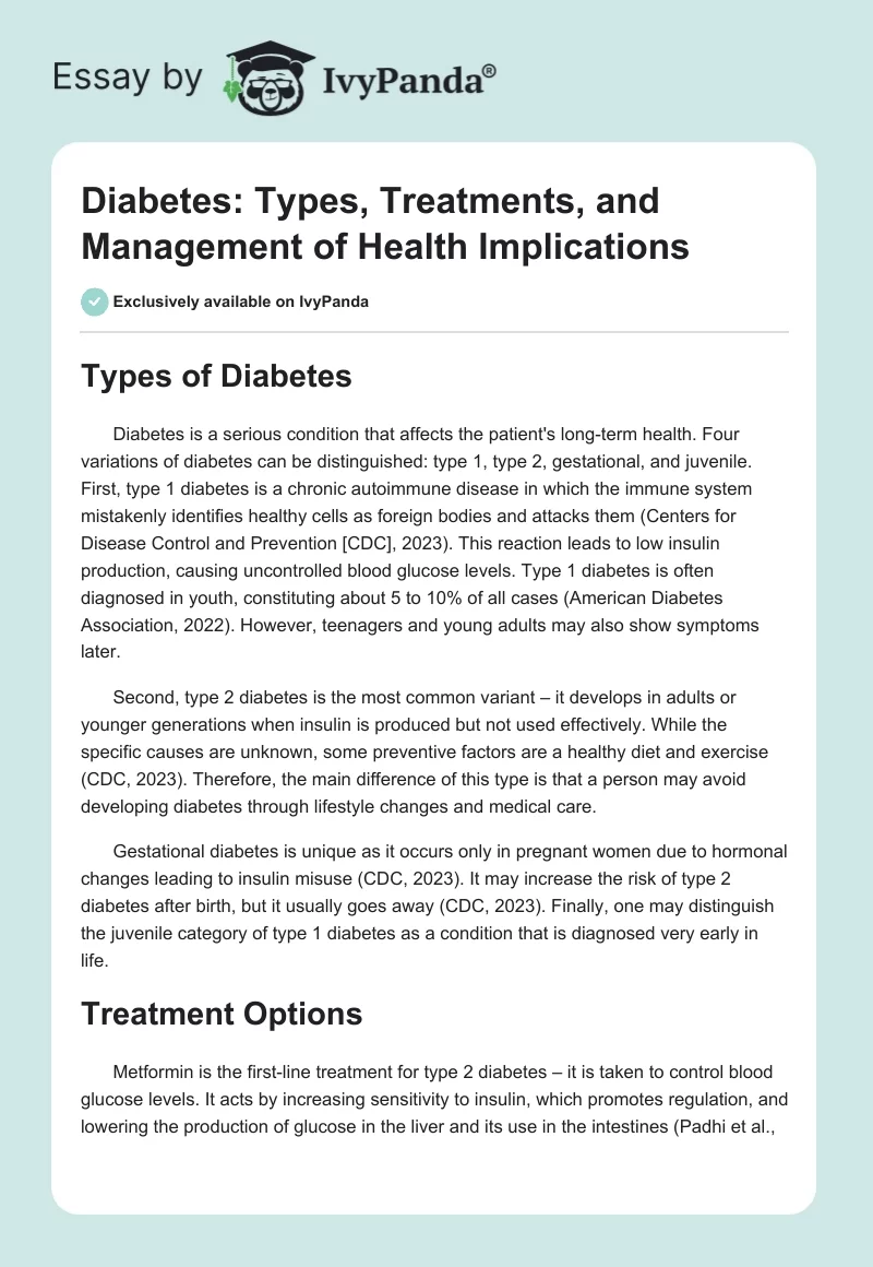 Diabetes: Types, Treatments, and Management of Health Implications. Page 1