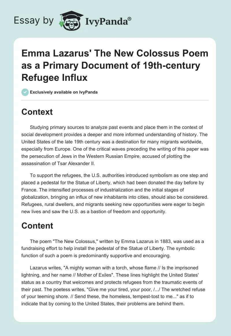 Emma Lazarus' "The New Colossus" Poem as a Primary Document of 19th-century Refugee Influx. Page 1