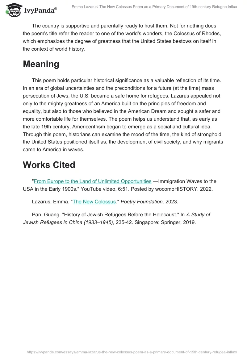 Emma Lazarus' "The New Colossus" Poem as a Primary Document of 19th-century Refugee Influx. Page 2