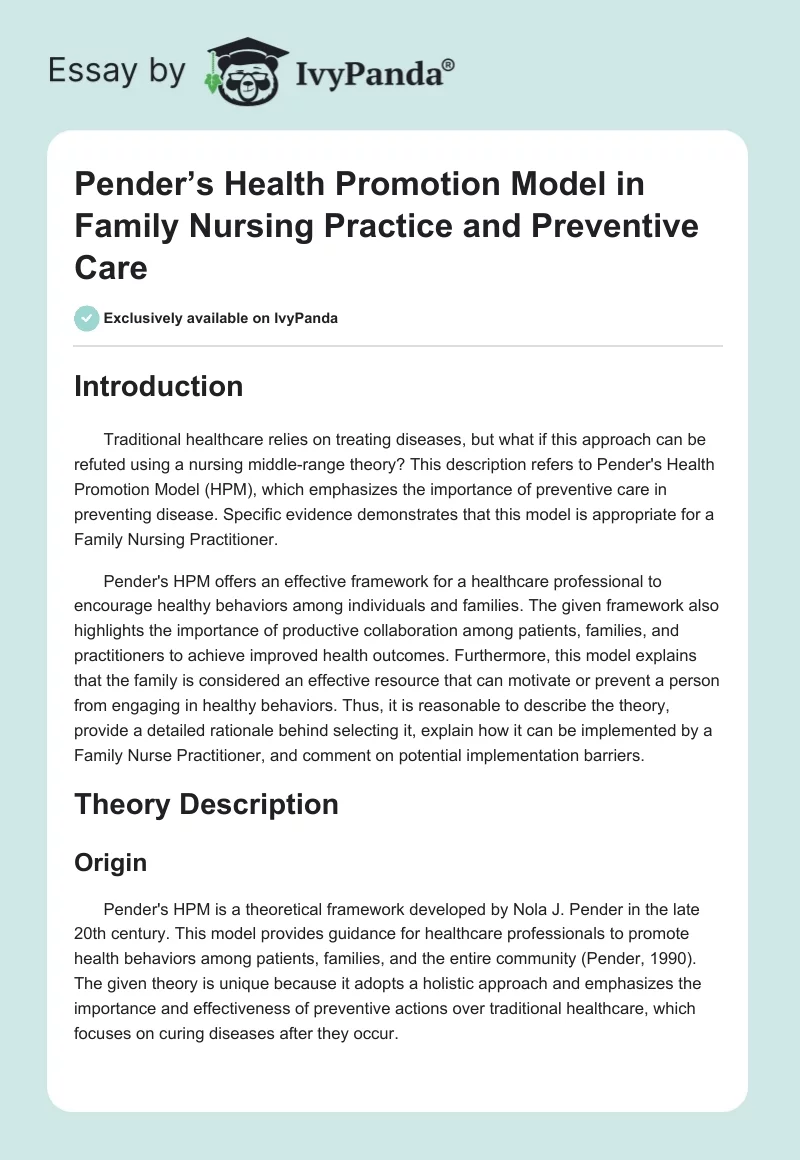 Pender’s Health Promotion Model in Family Nursing Practice and Preventive Care. Page 1